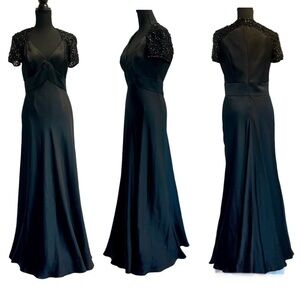 Badgley Mischka black beaded lace short sleeve silk formal evening gown 8 NWOT
